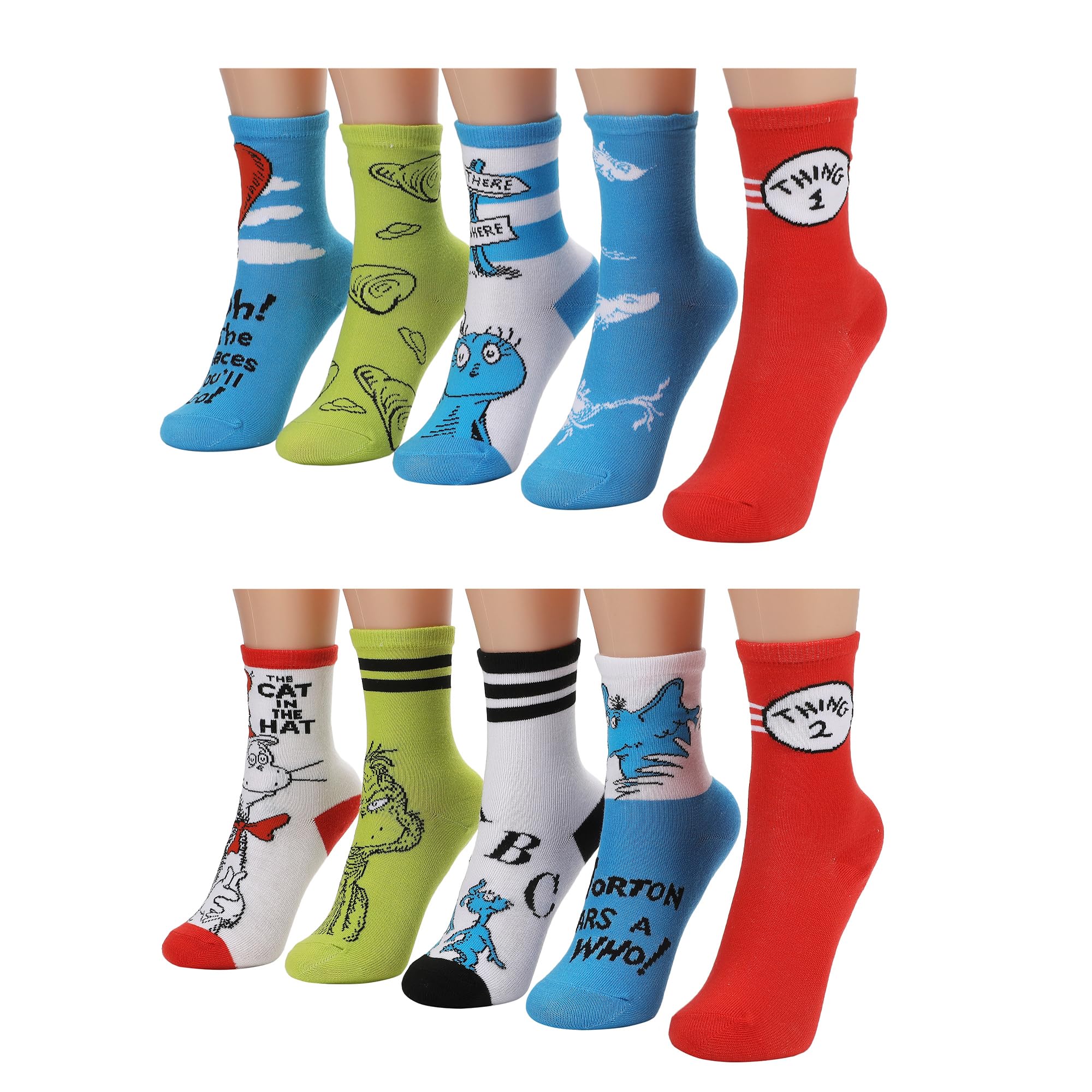 Bioworld Dr Seuss Multi-Character 10 Pack Youth Crew Socks