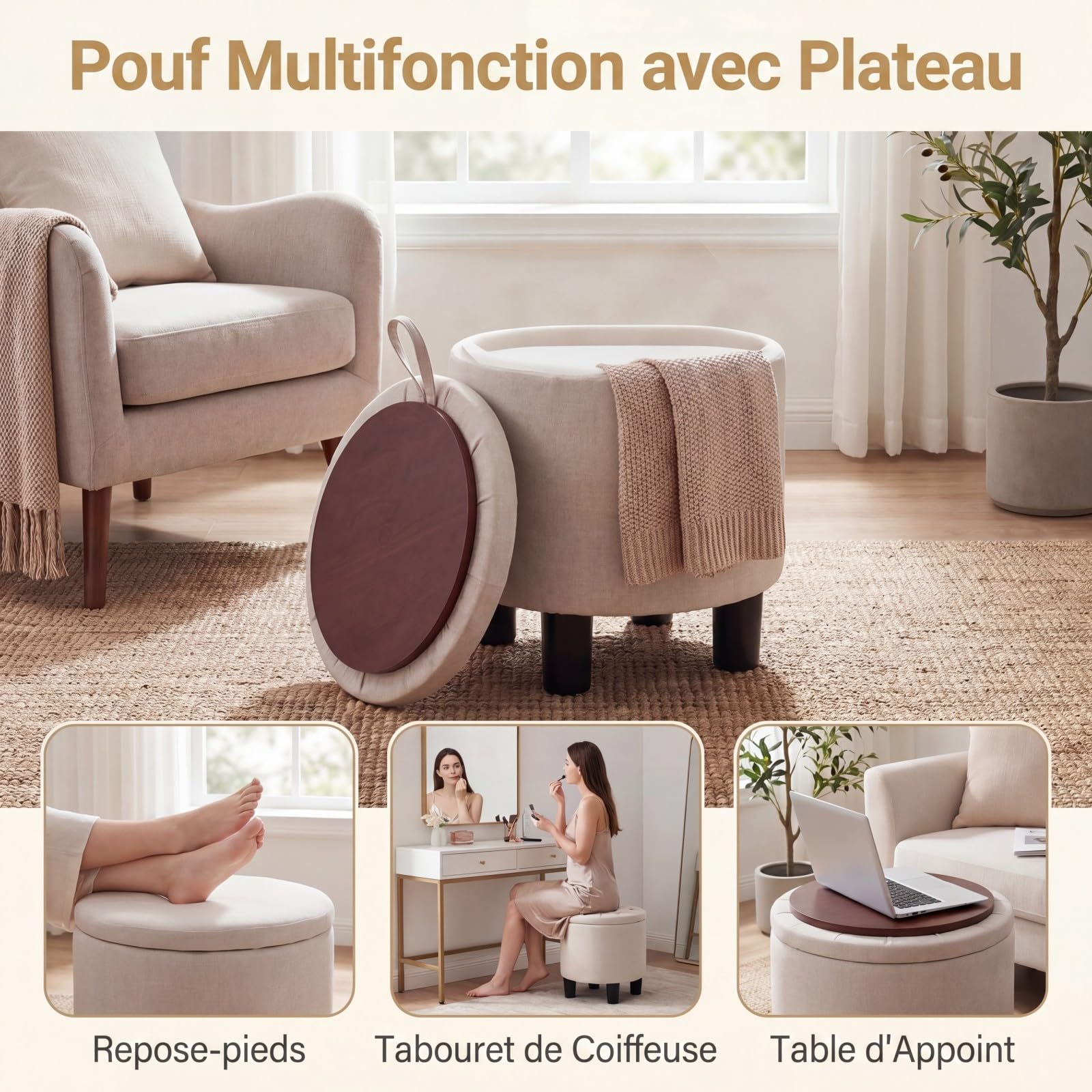 SOARS Pouf de Rangement 19L, Tabouret Rond avec Couvercle Réversible