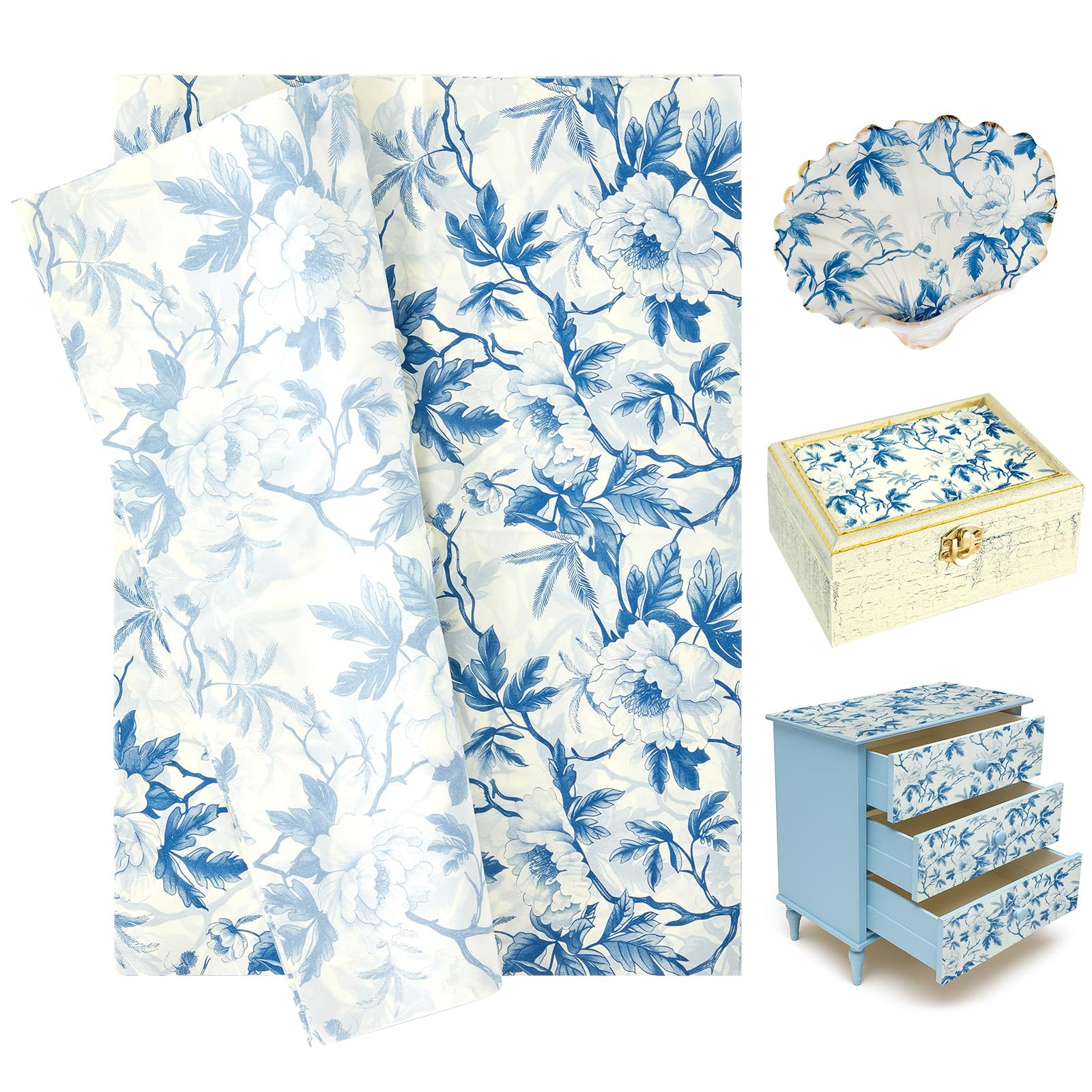 Crtiin 10 Sheets Large Decoupage Paper for Furniture 20 x 27.5 Inches Vintage Floral Decorative Rice Tissue Paper for Decoupage Wrapping DIY Crafts Scrapbook(Blue and White Peony)-image-48