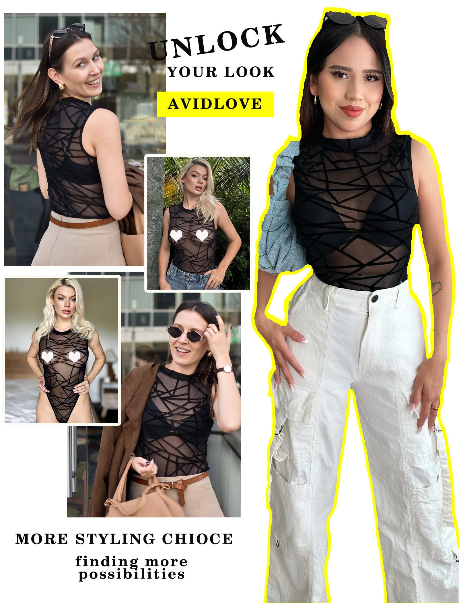 Avidlove Body Dessous Damen Sexy Unterwäsche Elegant Mesh Top Ärmellos Spitzen Bodysuit Rundhals-Ausschnitt Festliches Oberteil Rave Party Club Netzoberteil
