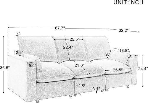 Miniatura 2 de Tdewlye Modern 3 Seat Sofa with Removable Back and Seat Cushions and 2 Pillows,Teddy Fabric Couch for Living Room, Office, Apartment,Small Space,