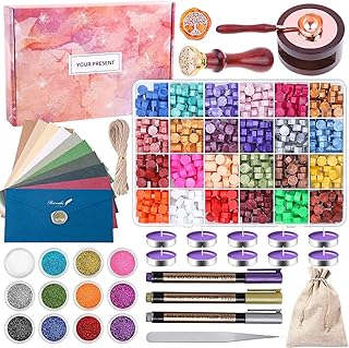 Wax Seal Stamp Kit for Gift, 763 PCS Wax Sealing Set with 720 PCS Wax Beads, Stamp of Tree, Tea Candle, Wax Warmer, Wax Spoon, Envelope, Metallic Pen, Glitter for Letter Sealing Scrapbook Art Supplies
