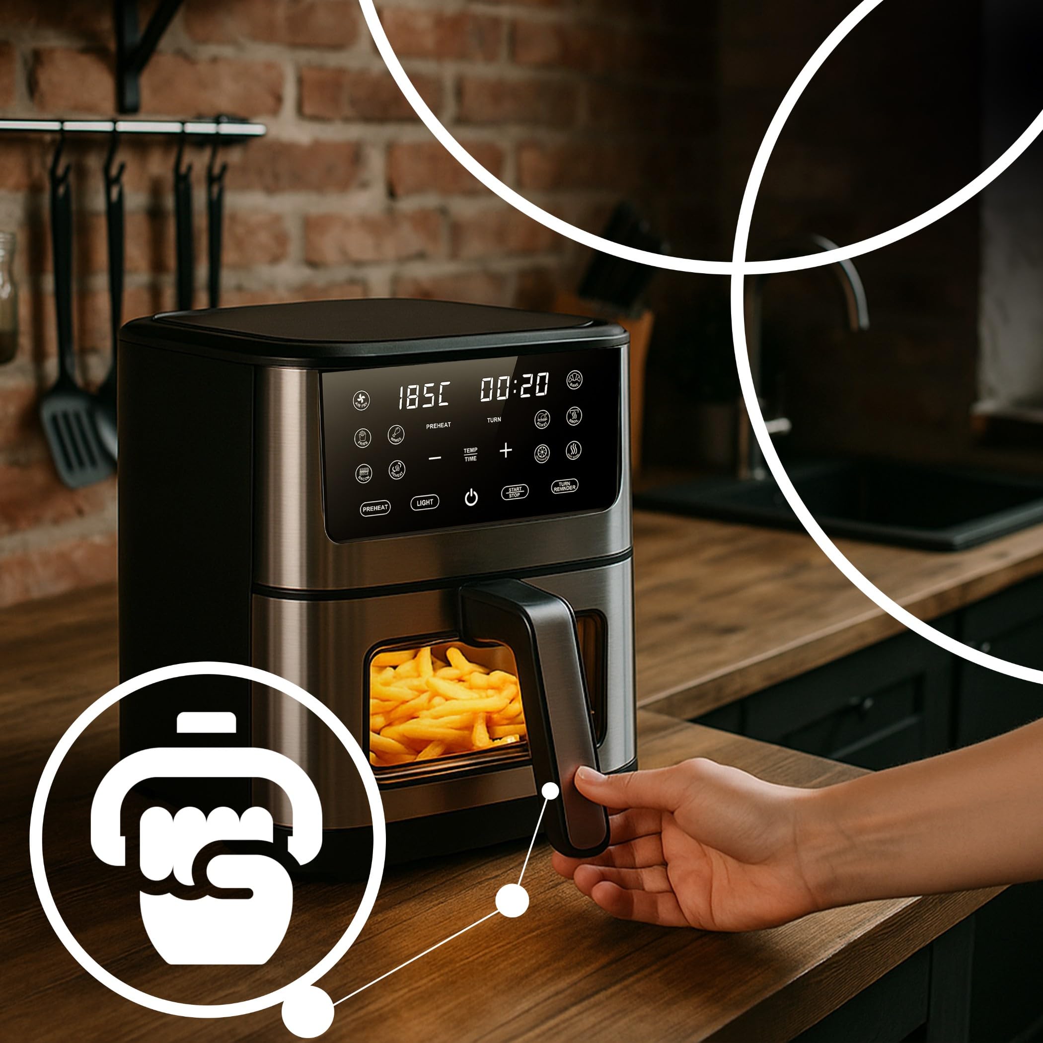 Retoo Heißluftfritteuse 8L XXL Airfryer 1800W, 14 Programme Bis Max 200 °C, Fritteuse Ohne Öl Mit Sichtfenster Und Touchscreen, Keramikbeschichtung Für Gleichmäßiges Garen, Gesundes Kochen Grillen