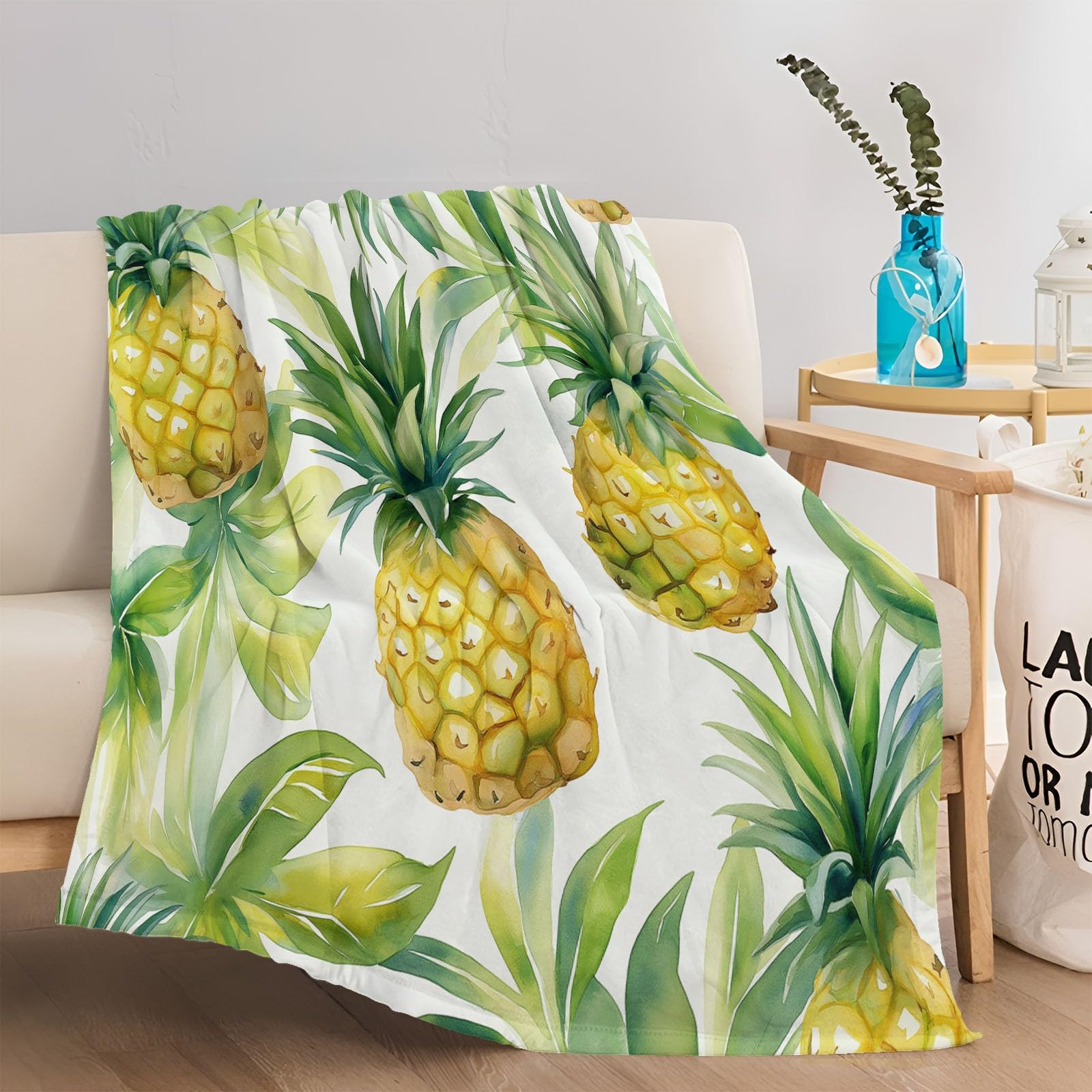 Manta de Forro Polar Amarillo Verde Suave y esponjosa, Manta cálida para Cama Piña Verde Acuarela Fresca y Dulce para Dormitorio Sala de Estar Oficina 180 x 220 cm