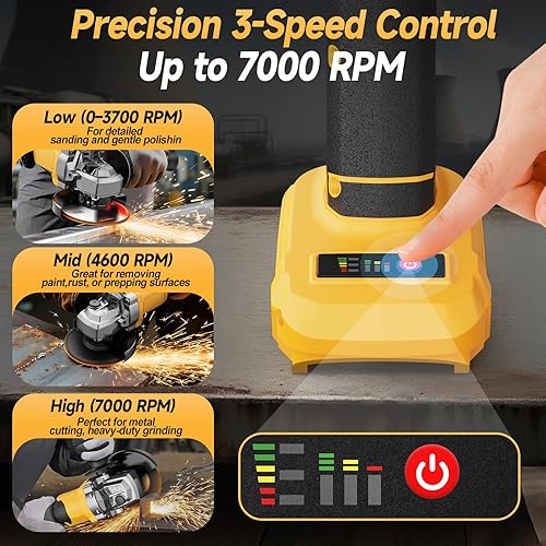 Miniatura 4 de Amoladora angular inalámbrica, amoladora eléctrica sin escobillas de 4-12 pulgadas, compatible con batería DeWalt de 20 V MAX, 3 velocidades, 7000