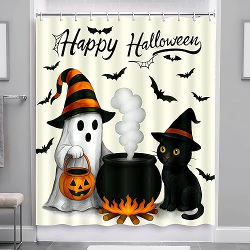 Miniatura 5 de Decoración de baño de Halloween, cortina de ducha de calabaza fantasma, gato, decoración espeluznante con 12 ganchos de 72 x 72 pulgadas