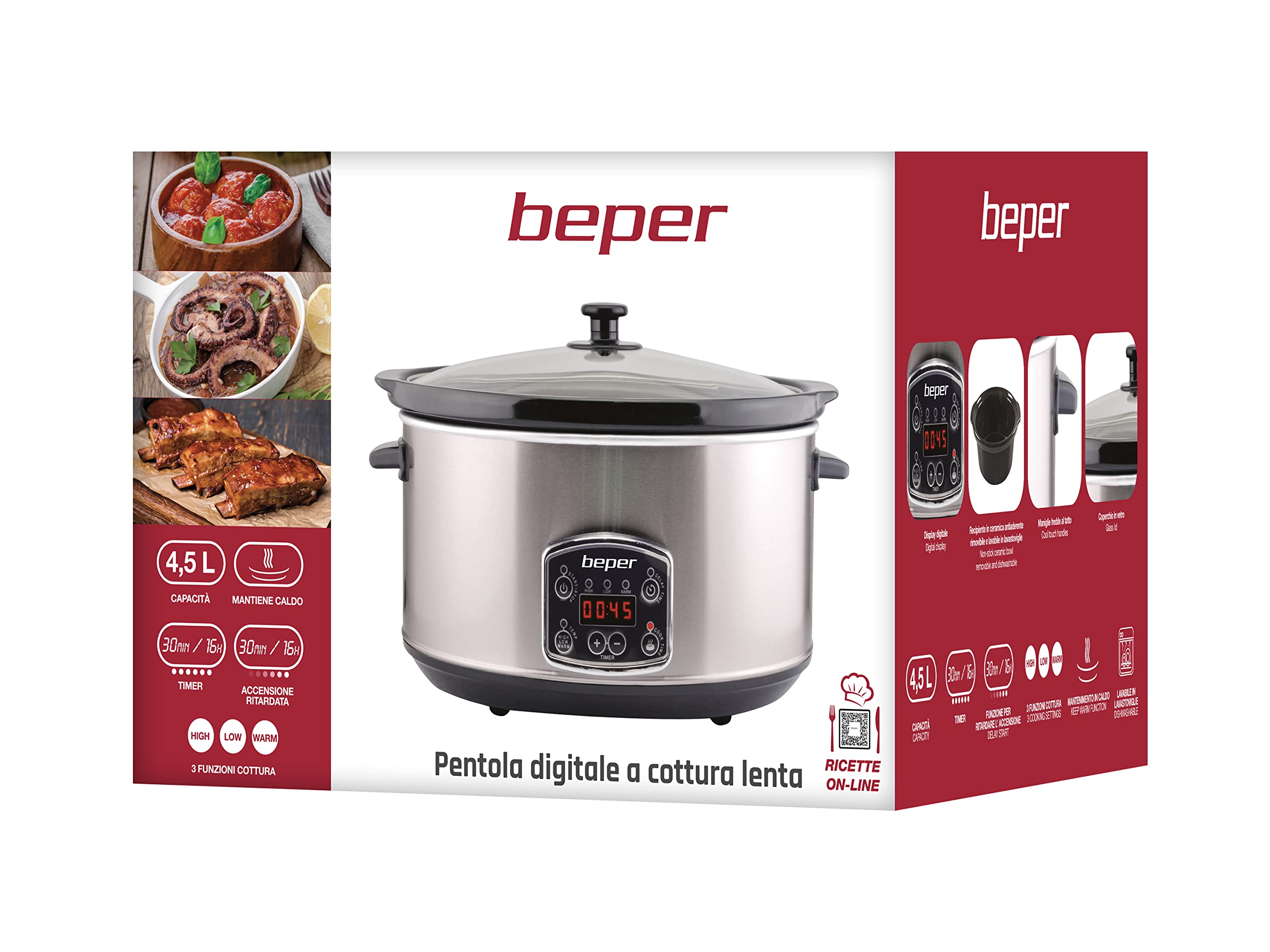 BEPER BC.510 Slow Cooker, 280 W, 4,5 Liter, Glaskeramik, Schwarz und Stahl, Nero E Acciaio
