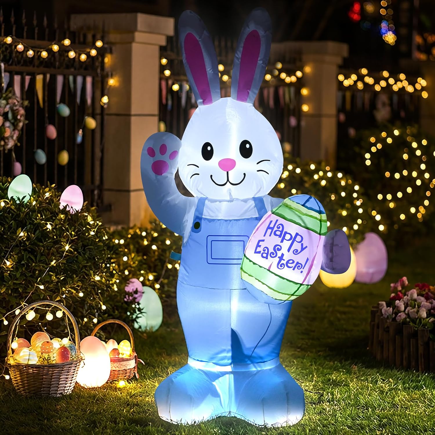 4FT Easter Inflatables Bunny Outdoor Decorations, Inflatable Bunny Holds Egg Built-in LED Lights Blow Up Indoor Outdoor Decor, Spring Summer Outdoor Decor,Holiday Addition for Party,Yard,Garden, Lawn