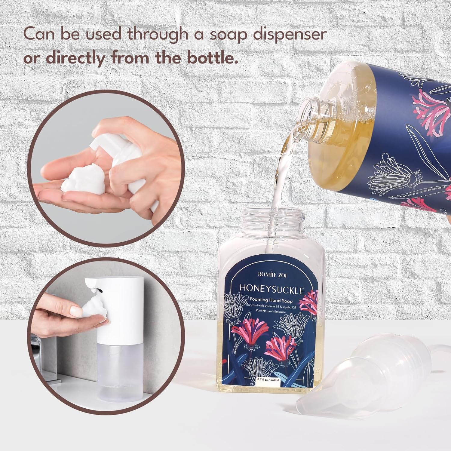 ROMIIE ZOI Foaming Hand Soap Refill Gift Set – Honeysuckle Scent – 3 Pack (1000ML Each) with Dispenser, Gentle & Moisturizing Plant-Based Formula – Bulk Refill Bottles for Bathroom & Kitchen Use