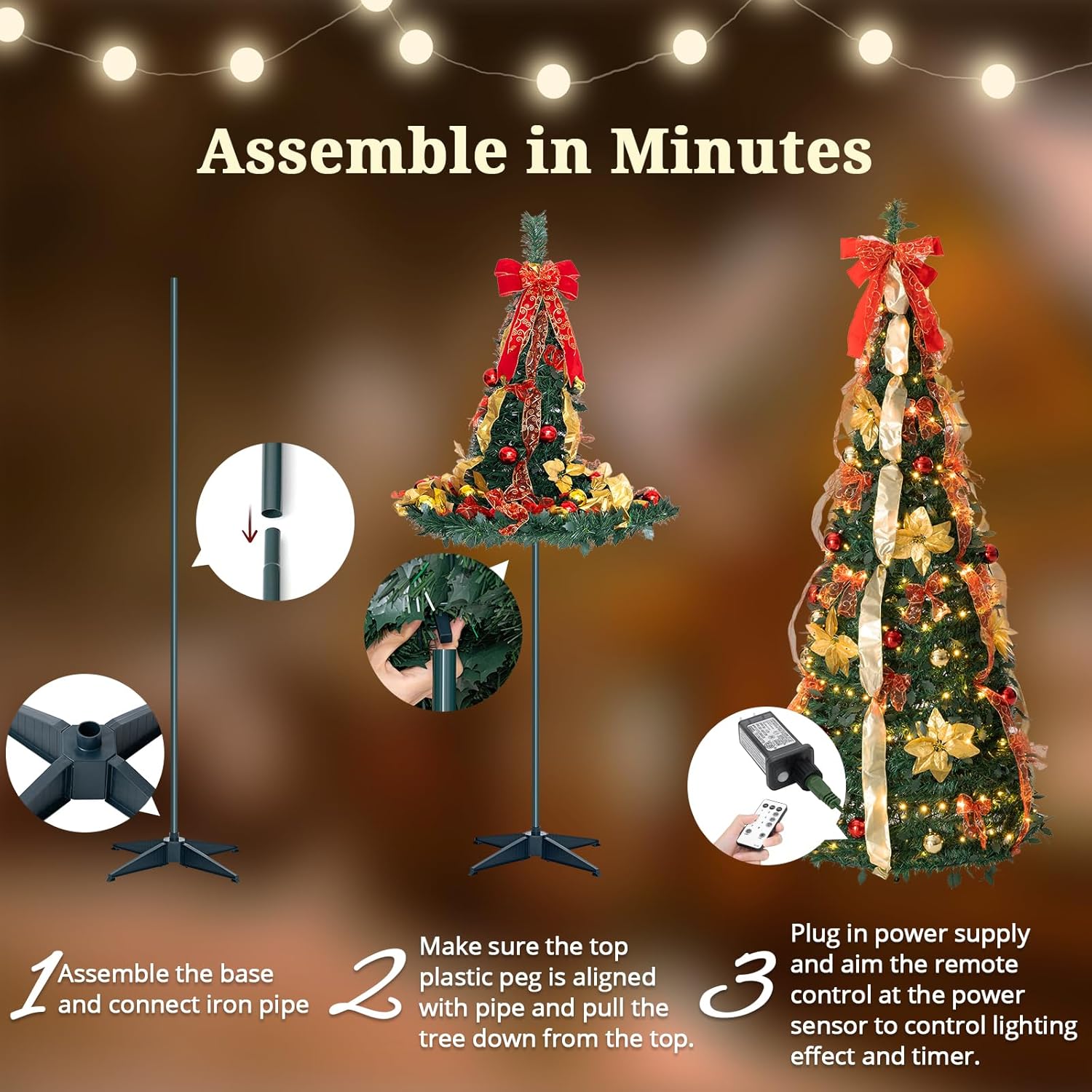 6ft Prelit Pull-Up Christmas Tree with 300 Multi-Color Lights &11 Modes, Remote & Timer, Fully Pre-Decorated Collapsible Artificial Tree with 6 Vertical Ribbons & 61 Ornaments for Instant Holiday