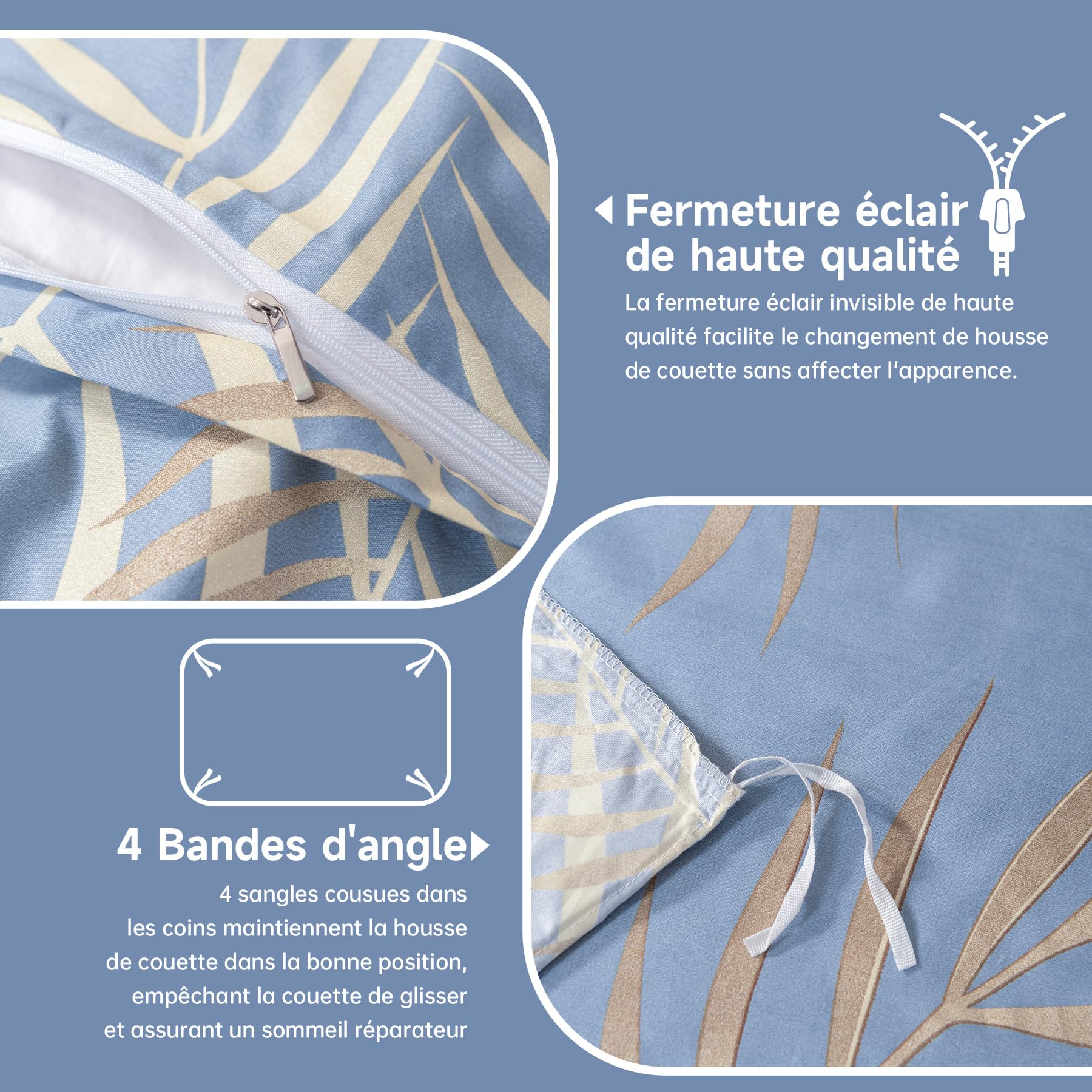 Gezu Housse de Couette Doré 240x260 Motif Feuilles de Palmier Tropicales Parure de Lit 240x260 Or et Bleu Botanique Linge de Lit 2 Personnes Adulte avec Fermeture Éclair et 2 Taies d'oreiller 65x65cm