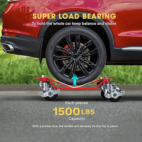 Miniatura 4 de VIVOHOME Juego de 2 estacas de rueda para automóvil, paquete de 2 ruedas de coche resistentes, 3000 libras en movimiento, color rojo