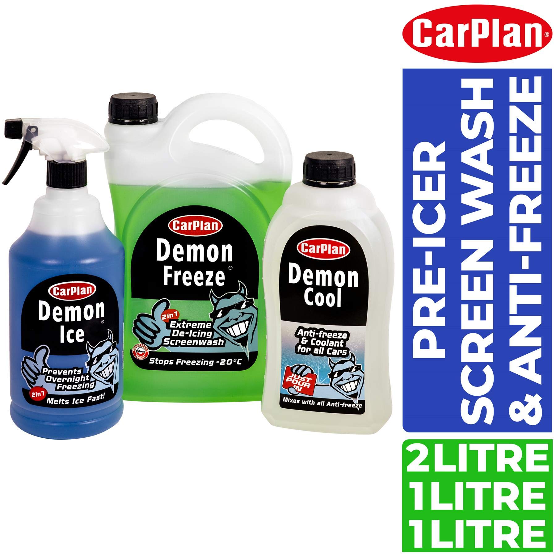 CarPlan Demon Ice, Ice Preventer and De-Icer, 1 Litre (Pack of 1), CarPlan Demon Cool Antifreeze and Coolant,1 Litre (Pack of 1) & CarPlan Demon Freeze, De-Icing Screenwash, 2.5 Litres (Pack of 1)