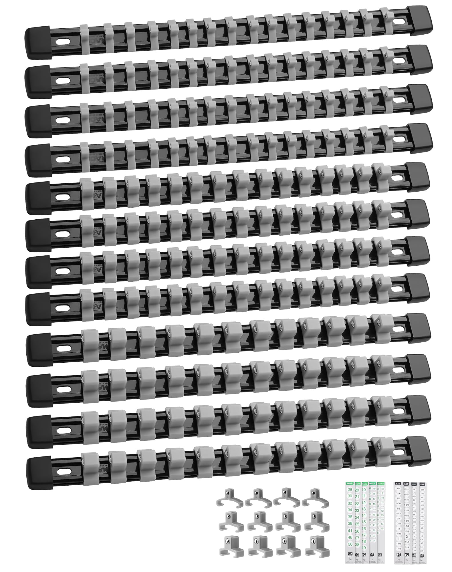 ALOANES 12PC ABS Socket Organizer, Socket Rails Fit 1/2 inch, 3/8 inch and 1/4 inch Drive, Heavy Duty Socket Holders Hold up to 172 Sockets, Black Rails with Grey Clips