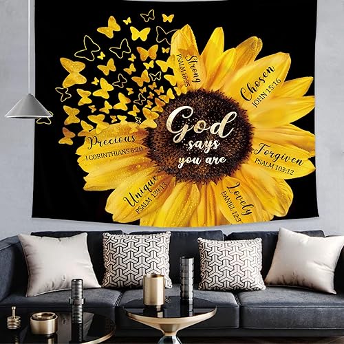Miniatura 4 de AMBZEK Tapiz de girasol negro amarillo de 51 pulgadas de alto x 59 pulgadas de ancho, versículo de la Biblia, citas de niñas y mujeres, mariposa