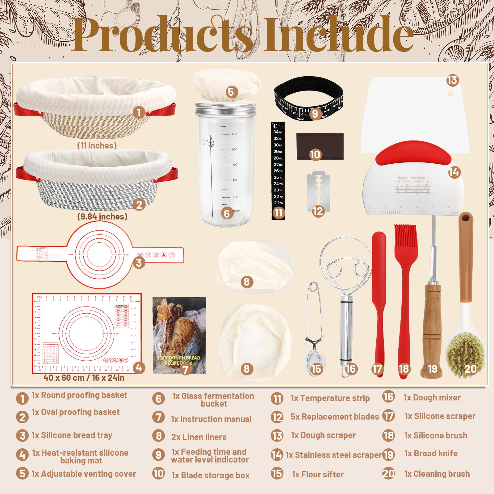 IIRC Set di base per pasta acida, cestino per pane, accessori per impasti acidi, per principianti, panettiere esperti