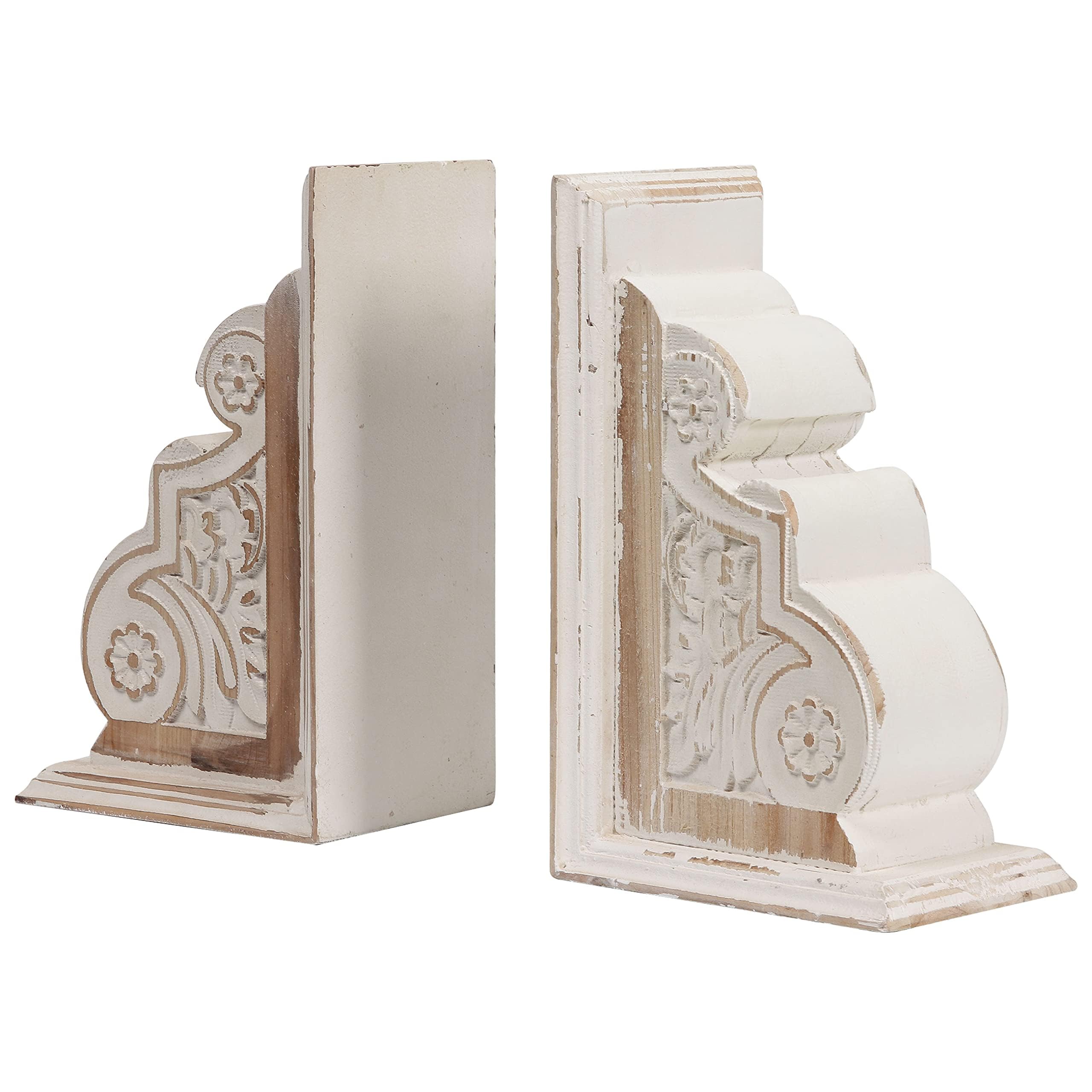 1 par de sujetalibros de madera con acabado rústico envejecido, sujetalibros blancos decorativos únicos, con patrón tallado para estantes, sujetalibros para libros pesados, ménsulas de madera para