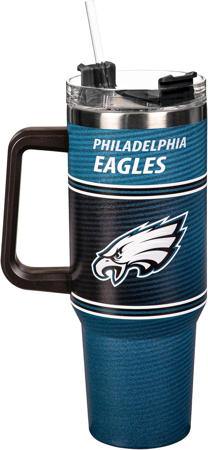 NFL Philadelphia Eagles Stainless Steel Tumbler with Handle and Straw, 40oz Double Wall Insulated Cup with Lid, BPA-Free Water Bottle, Officially Licensed Football Travel Mug for coffee, tea