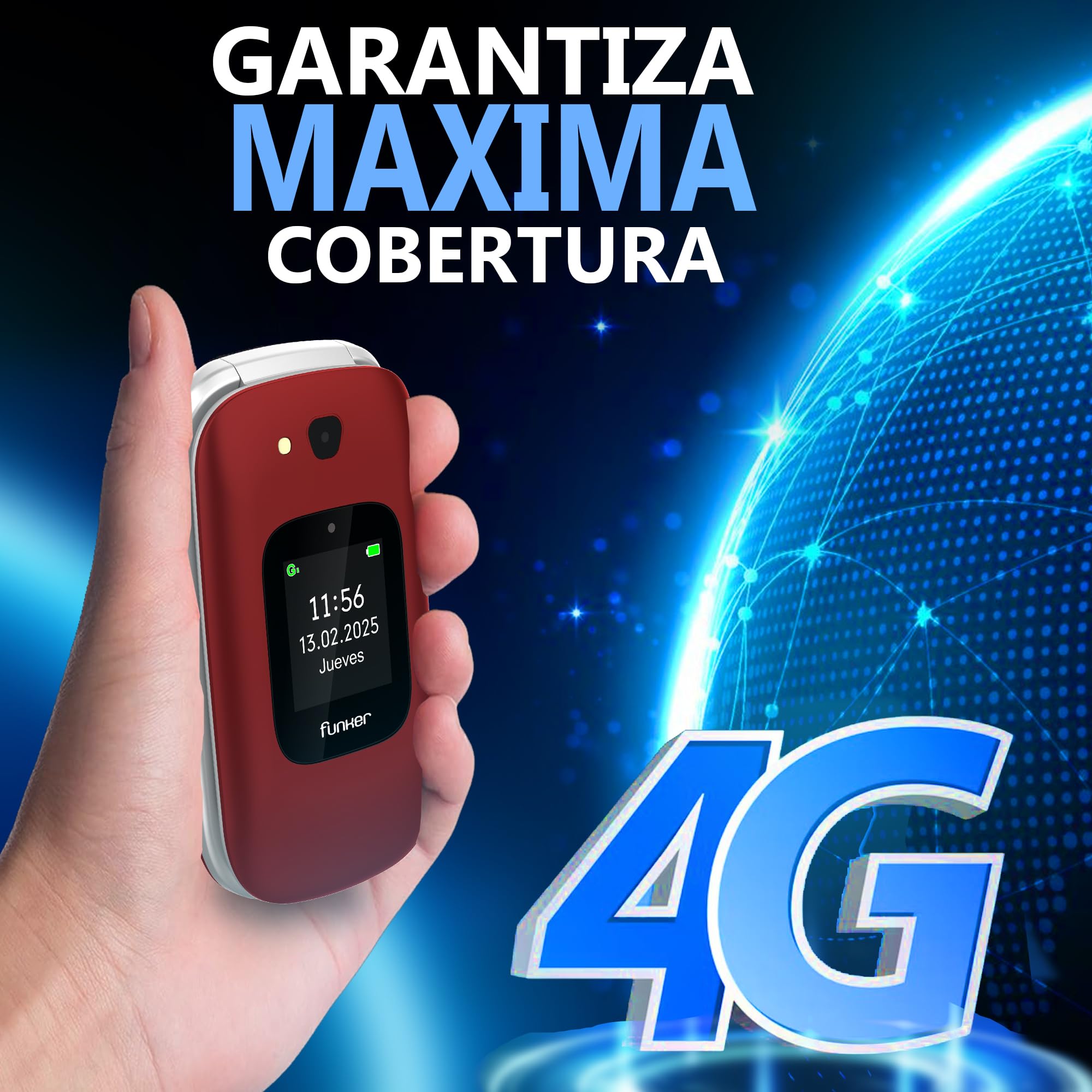 Funker E350 MAX Audio 3 Plus 4G, Teléfono Móvil con Tapa para Mayores, Pantalla Grande 2,8” y Pantalla Externa, Teclas Grandes, Audio Pro Compatible con Audífonos, Base de Carga, Botón SOS, Rojo