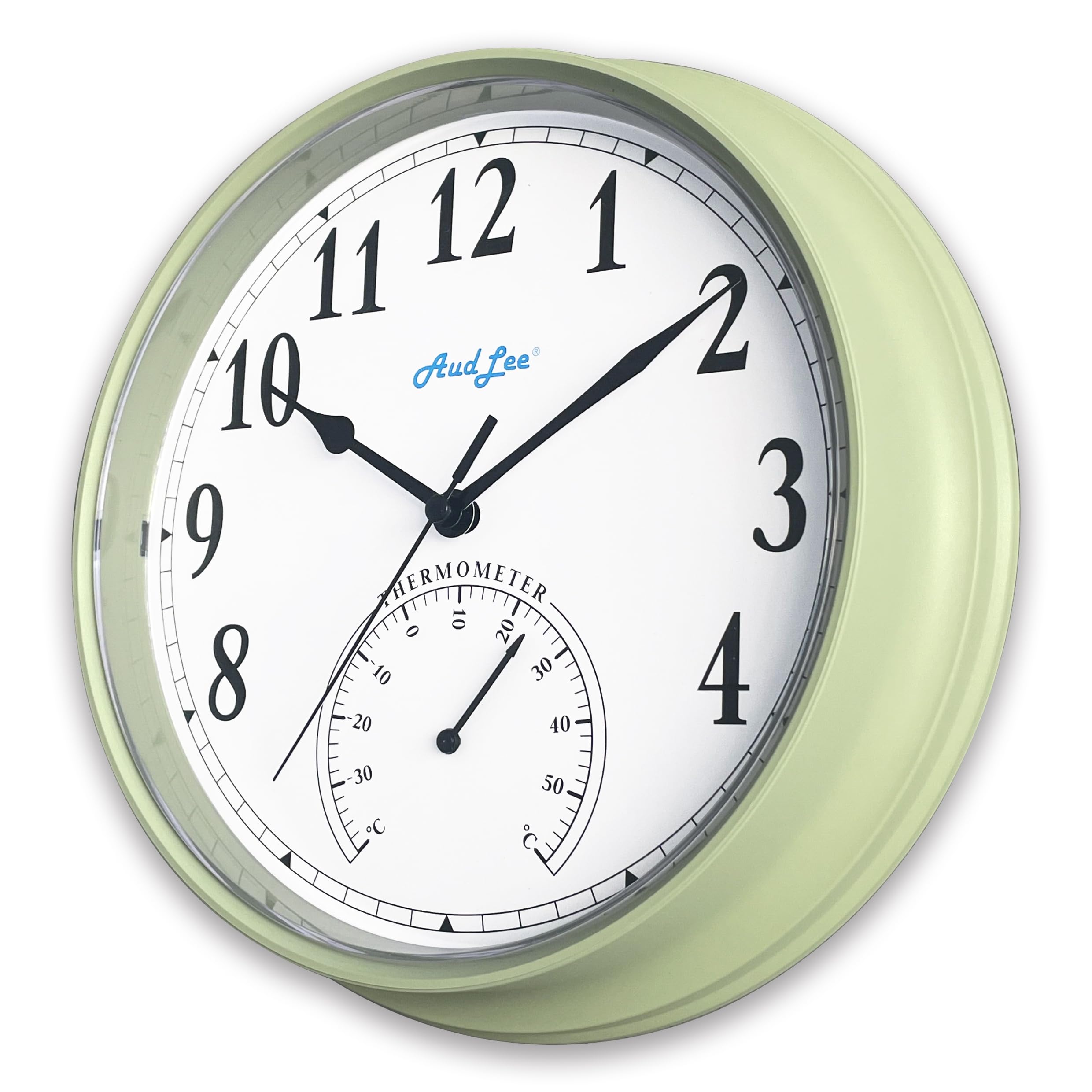 Audlee Pastel Green (New) 25Cm Tub Indoor Wall Clock With Thermometer Battery Operated Round Clock. Decorative Clock For Home/Office, Sweep Movement (Pastel Green)