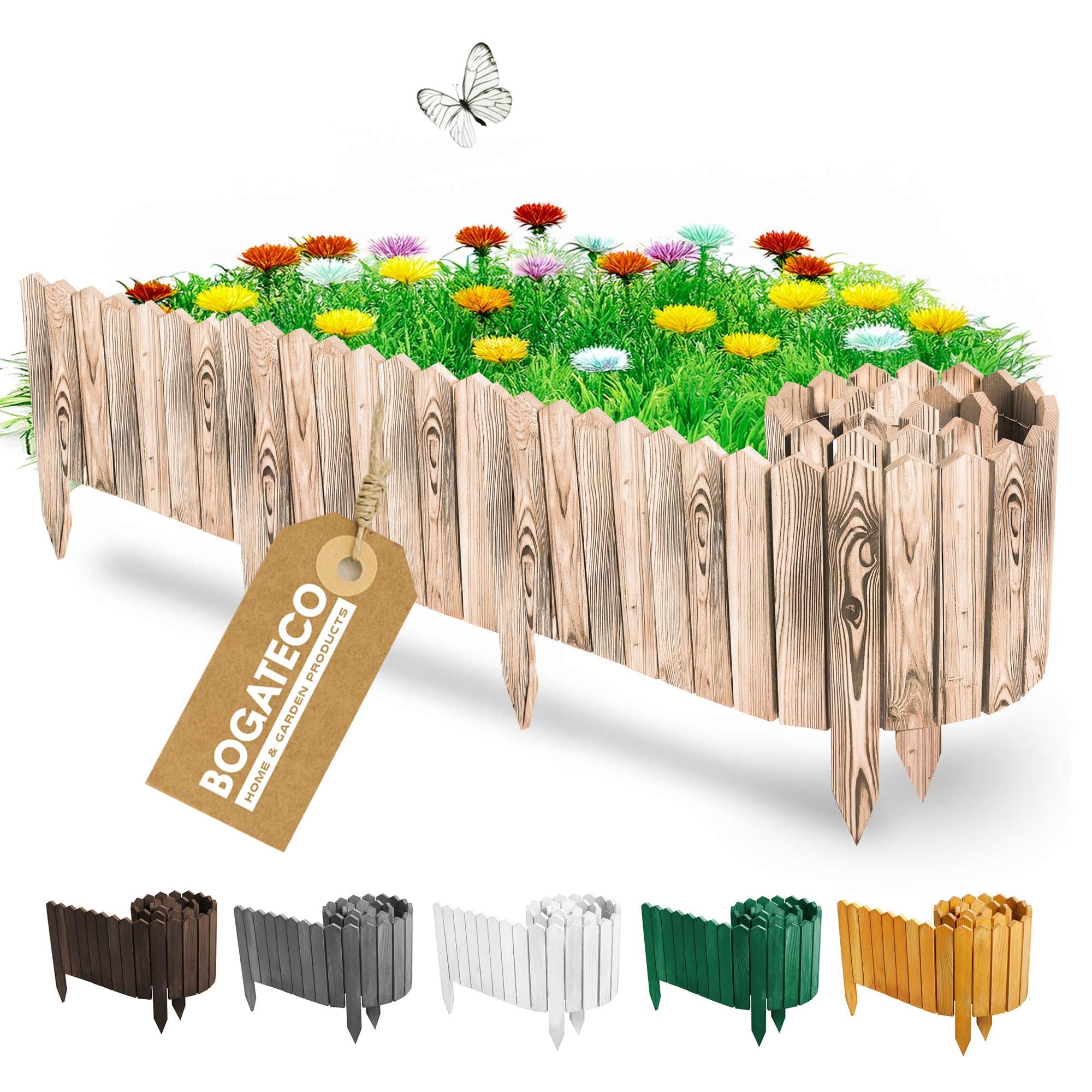 BOGATECO Bordura per aiuola in legno, lamelle di legno | Recinzione a rullo alta 20 cm e lunga 200 cm | Recinzione in legno | Recinzione in assi ideale come bordatura per aiuola o delimitazione di