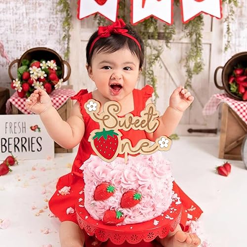 Miniatura 3 de Sweet One - Decoración de madera para pastel de primer y primer cumpleaños, accesorios de fotos de fiesta temática de fresa, decoración de pasteles,