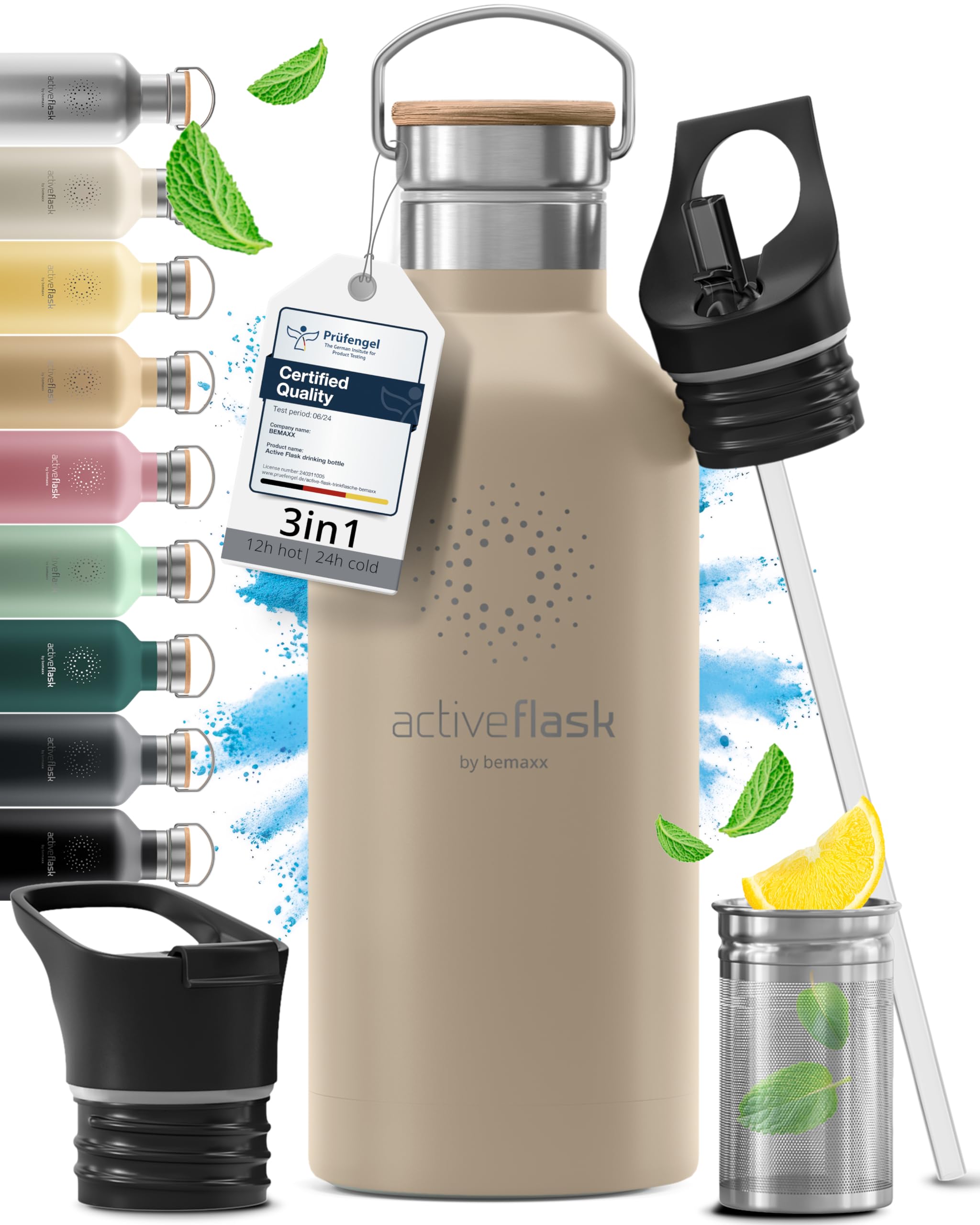 Trinkflasche Edelstahl mit Strohhalm, Infuser + 3 Deckel: BPA-frei, Auslaufsicher, Kohlensäure geeignet - Wasserflasche Fahrrad Thermosflasche Isoliert Isolierflasche Sport Wasser Flasche Kinder Tee