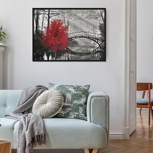 Miniatura 6 de Scarlet Solitude - Rompecabezas clásicos para adultos de 1000 piezas, rompecabezas de puente blanco y negro y árbol rojo, rompecabezas de arte de