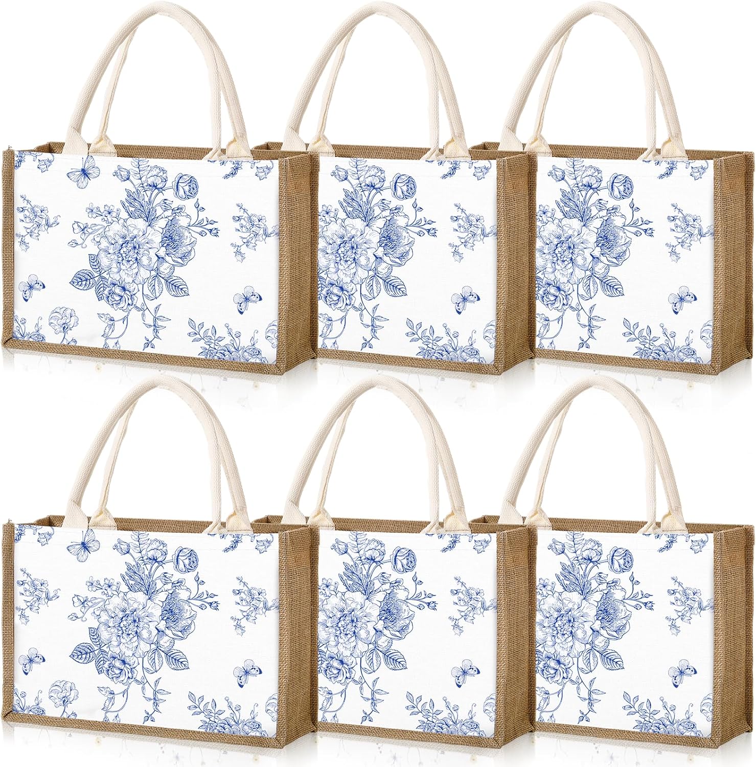 6 Pack Wildflower Burlap Tote Bags with Handles Floral Jute Gift Bag Large Reusable Canvas Grocery Tote for Wedding