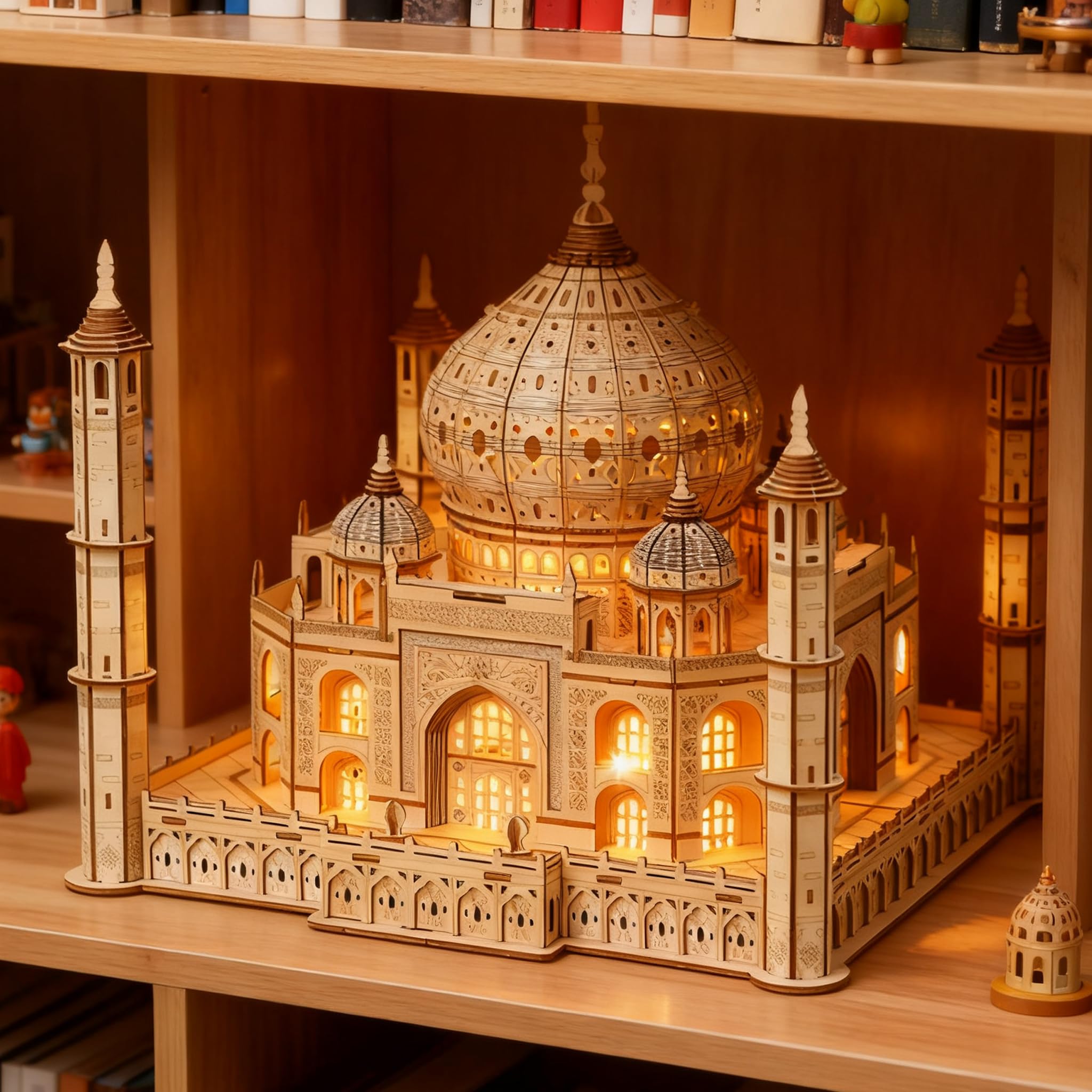 3D Holz Puzzle Modellbausätze für Erwachsene, DIY Taj Mahal Holzmodell mit LED-Licht zur Selbstmontage, mechanisches Konstruktions-Bastelset, Handwerk, Gehirn-Teaser (Der Taj Mahal)