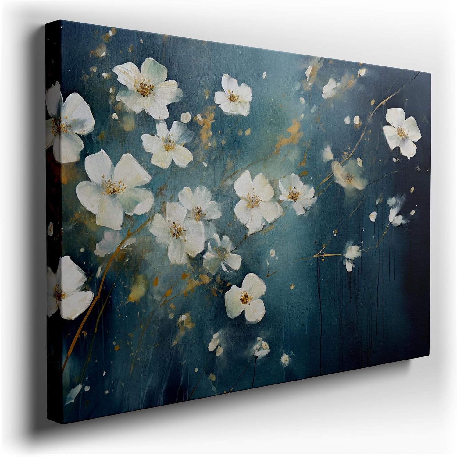 Canvas for Living room. Whispers of White Floral Elegance in a Sea of Blue and Green Hues With a Touch of Gold, 27 x 18 inch Canvas Wall Art - Ready to Hang - 69x46 cm (27x18 inch)