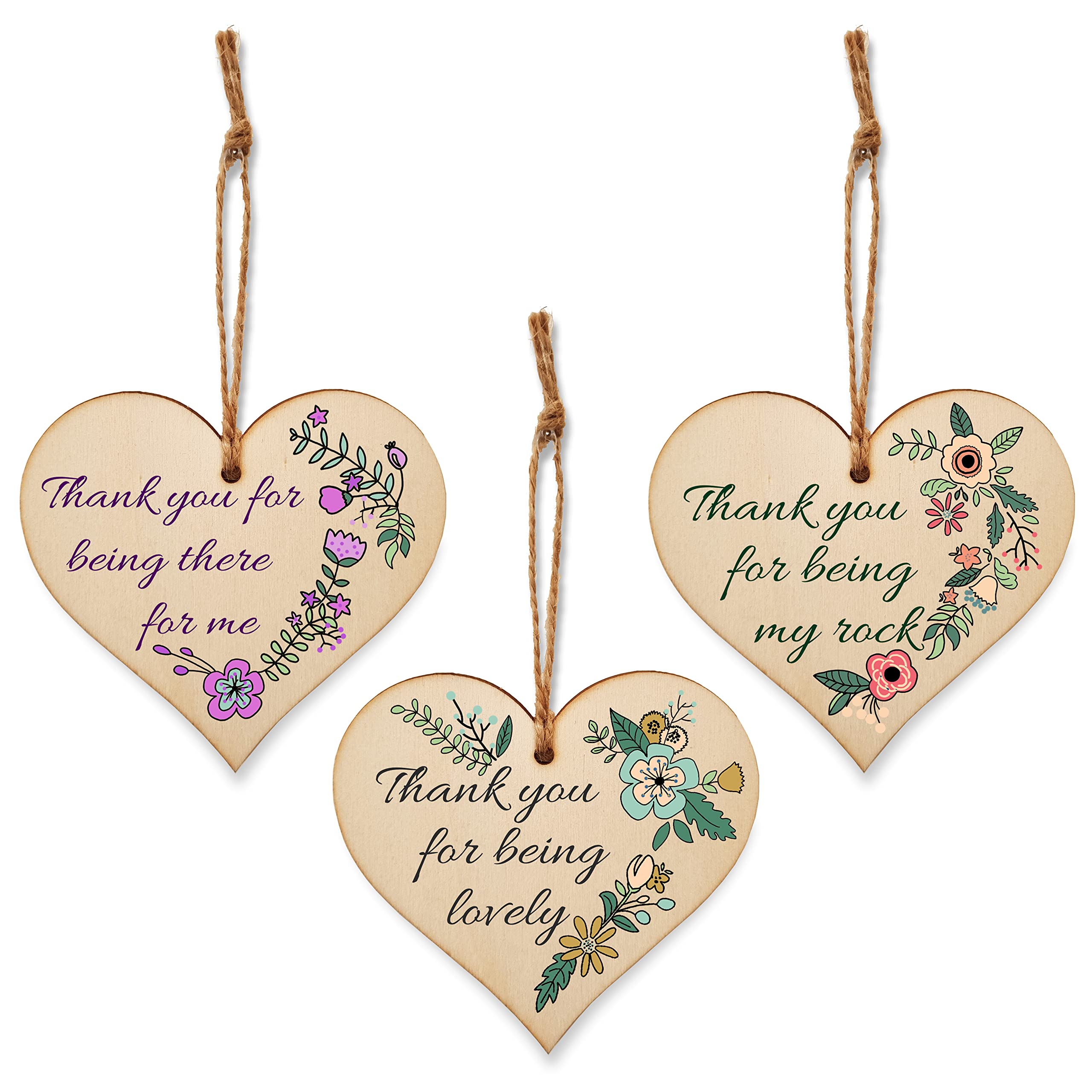 The Plum Penguin Set of 3 Hanging Decorations Wooden Hearts Thank You Gift Friend | For Being There For Me | For Being Lovely | For Being My Rock