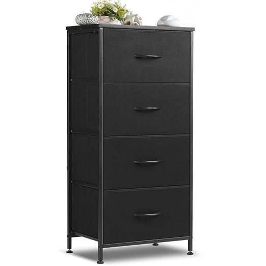 Dresser for Bedroom with 4 Drawers, Anti-Tip Tall Fabric Chests Storage Organizer Tower Furniture with Wooden Top Metal Frame for Clothes, Closet, Living Room, Hallway, Entryway