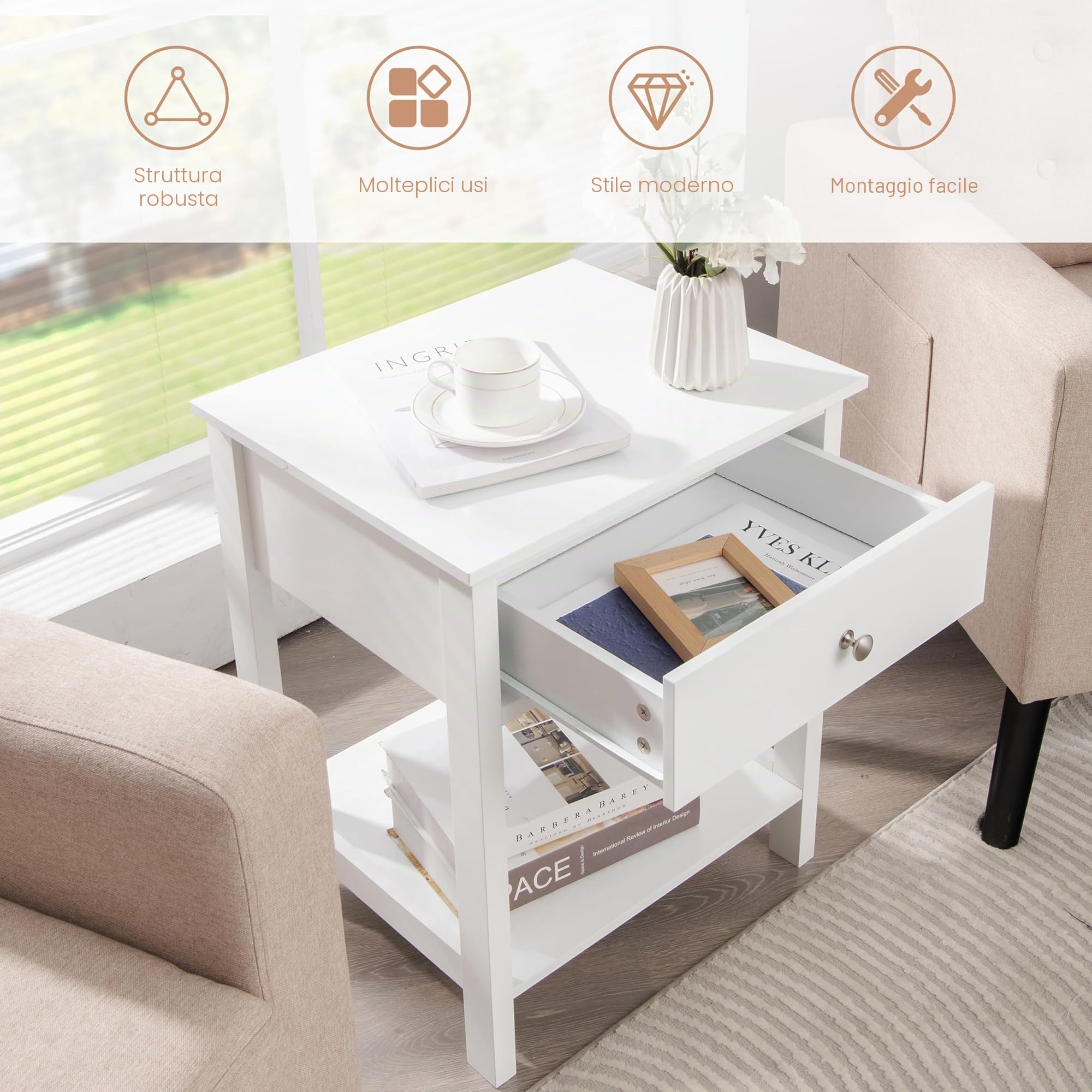 KOMFOTTEU Comodino con cassetto, tavolino in legno, stile moderno, comodino a 2 livelli, con ripiano aperto, per camera da letto, soggiorno, 48 x 40 x 58 cm (bianco x 2)