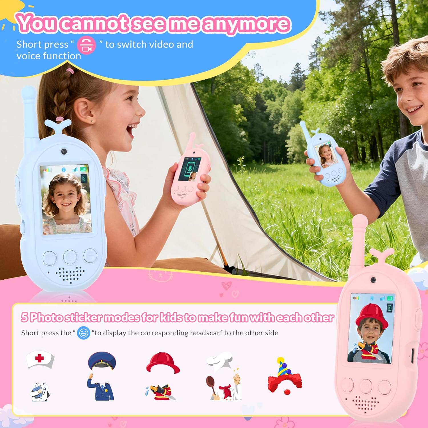 Video Walkie Talkies for Kids, 2 Pack Kids Walkie Talkies Rechargeable, Voice Changer & Sticker Effect,Long Range Toys for Family Games, Outdoor Camping, Gifts for Boys and Girls Ages 3-12 - Image 5