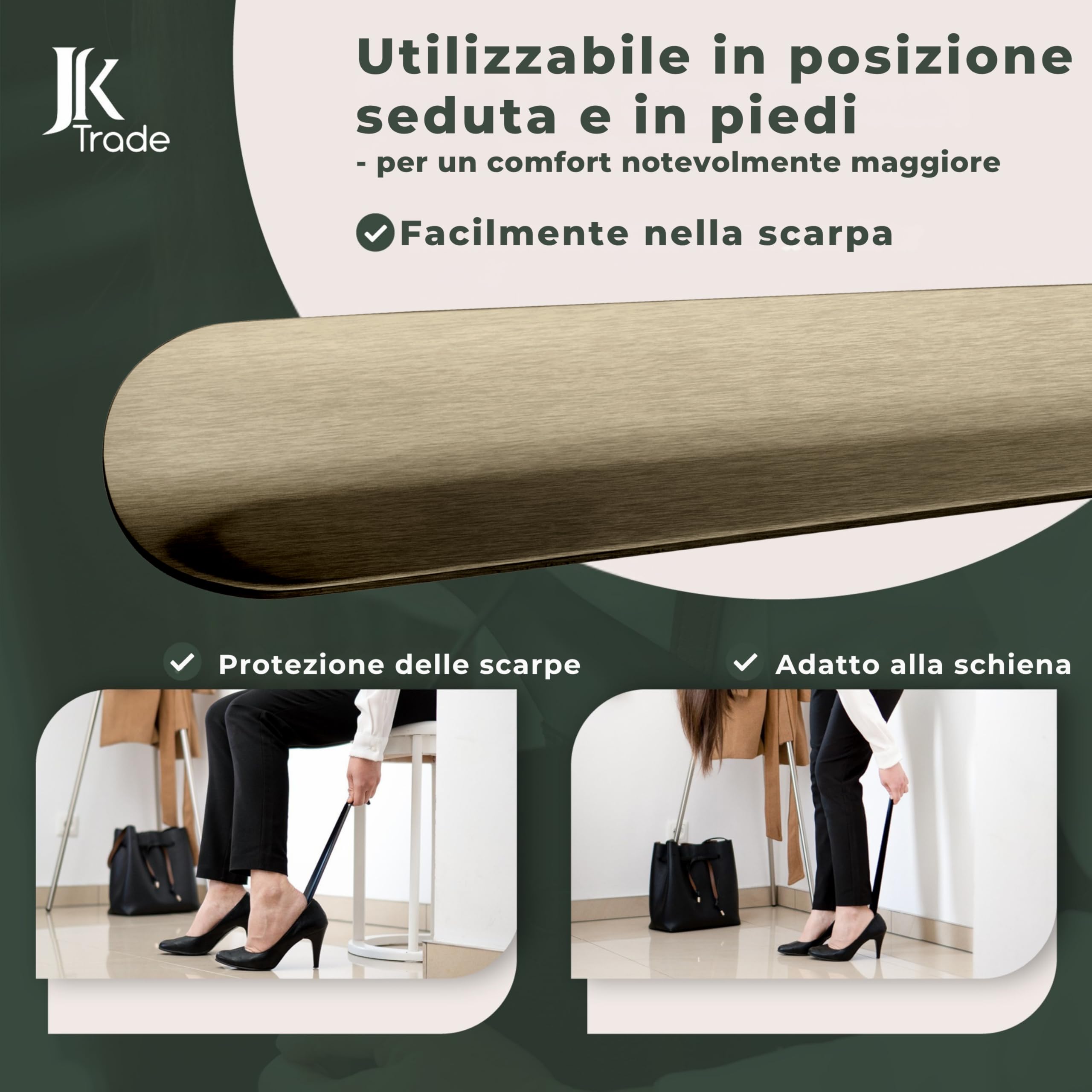 JK Trade® Calzascarpe in acciaio inox stabile da 62 cm, lunghezza 2 mm, in metallo lucido, lungo per stare in piedi, veloce e semplice, lunghezza e larghezza ottimizzate, per lavoro