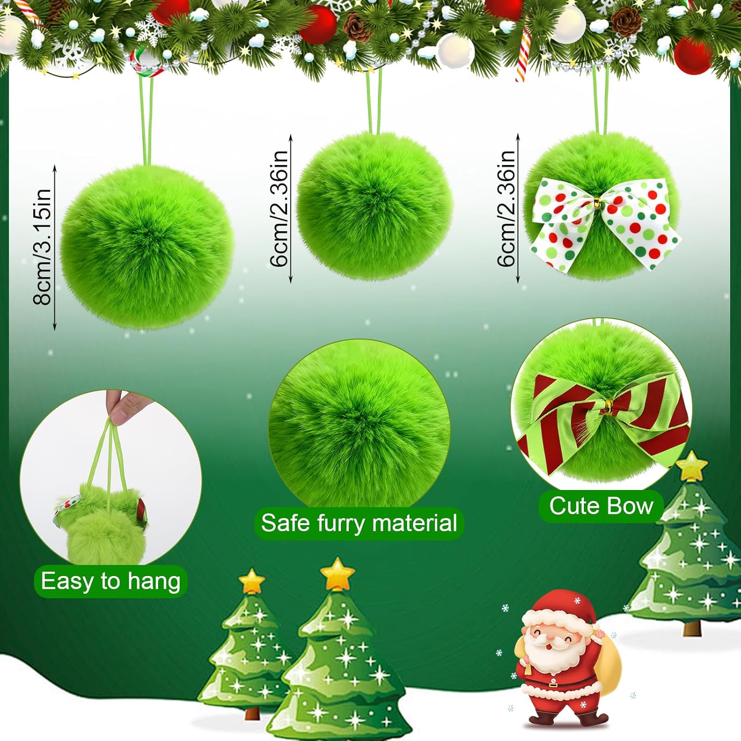 12 Pcs Lime Green Furry Ball Christmas Ornaments, Red Green Bows Fur Pom Poms Ball Hanging Decor for Christmas Tree Fireplaces Garland Indoor Home Party Decorations Supplies - Image 5