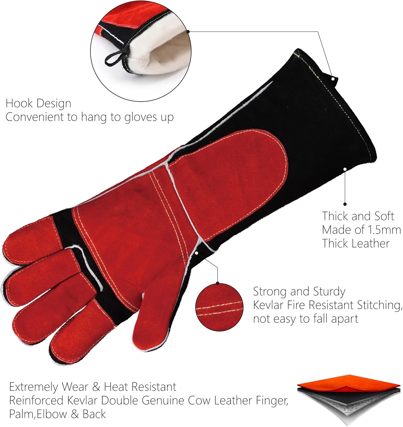 SAFEYEAR 932°F/500°C, Kevlar Stitching,Heat &Fire Resistant Leather Welding Gloves for Welding,Fireplace,Stove,Oven,BBQ