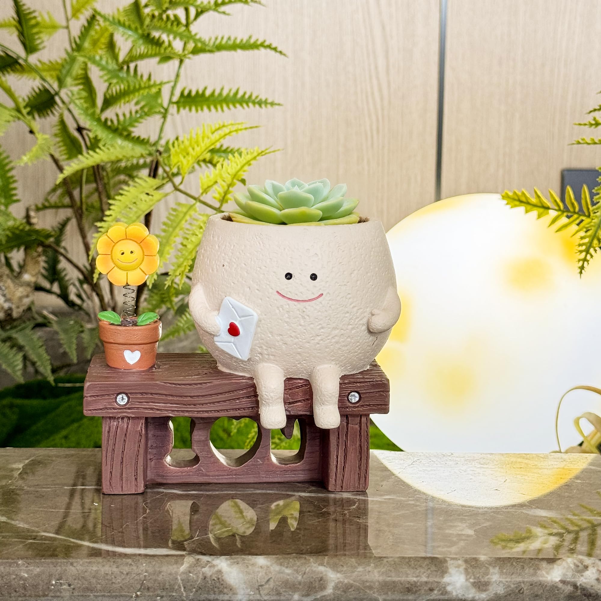 Smiley Face Planter Pot,Cute Plant Pot,Unique Sitting Sunflower Flower Pot,Resin Head Planters for Indoor Outdoor,Funny Sit Chair Succulent Pots for Mother Lover Christmas(Sunflower)