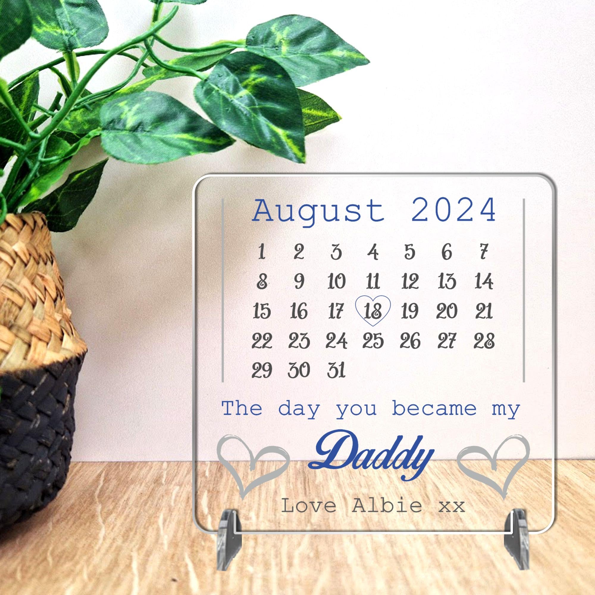 Personalised New Daddy Day Square Plaque – Celebrate Father's Day & Birthdays with Custom Date & Name New Parents Keepsake Sentimental Desk Shelf Decor with Calendar Design (Acrylic)