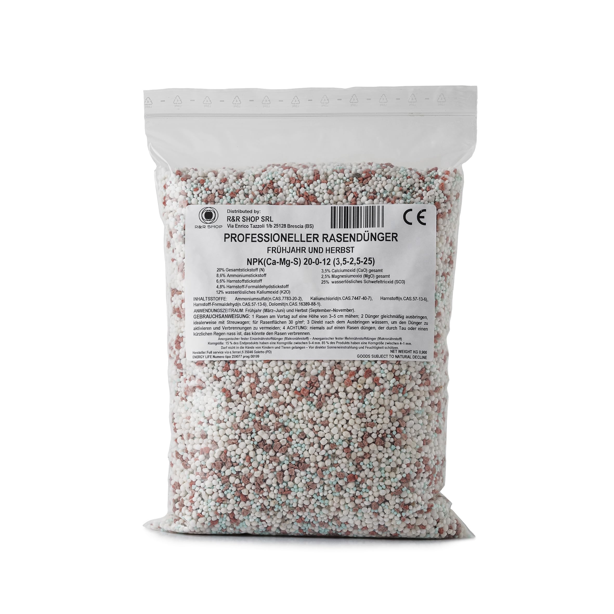 R&R SHOP – CE-zertifizierter Professioneller Rasendünger, NPK 20-0-12, Sofortwirkung, Satter und Gesunder Rasen im Frühling und Herbst (18Kg - 600mq)