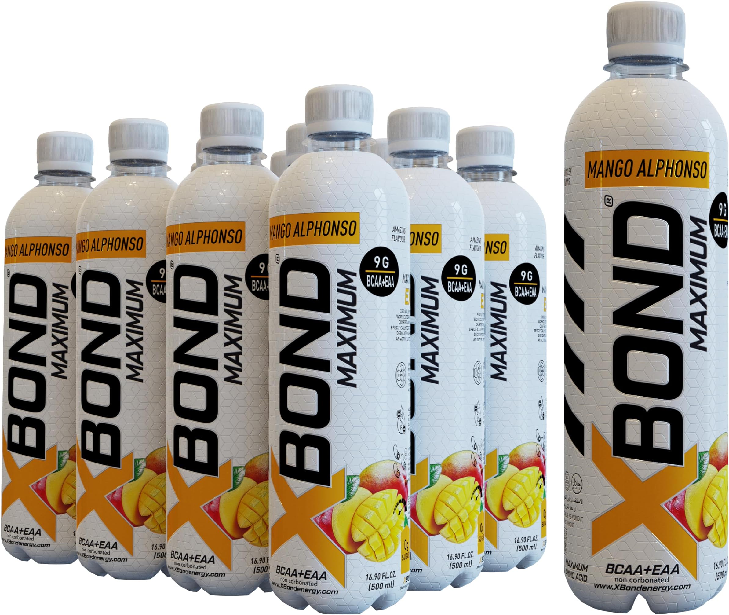 X-BOND Maximum Recovery Mango Alphonso Non Carbonated Drink Maximum Amino Drink - 9g BCAA + EAA Electrolytes - 16 fl oz (500 ml), Sugar Free 34 Calories, Pack of 12