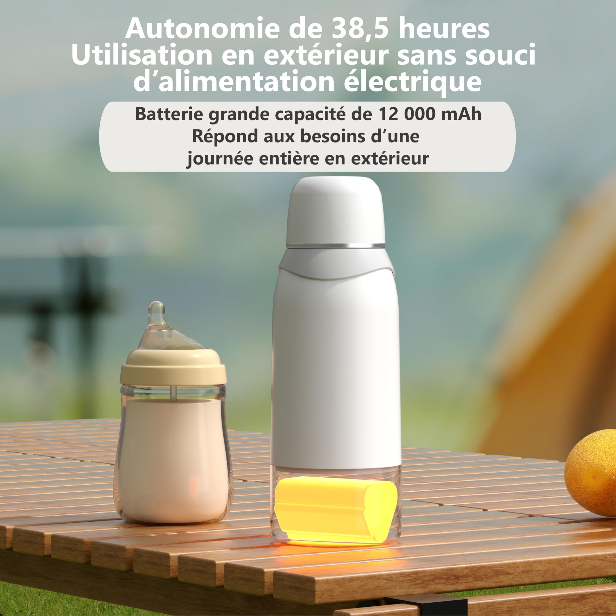 Chauffe Biberon Portable Sans Fil 500ml, Batterie 12000mAh, Chauffe Rapide 3 Min, Température Réglable 37-100°C, Rechargeable Type-C, Inox 316L, Idéal Voyage/Voiture/Nuit