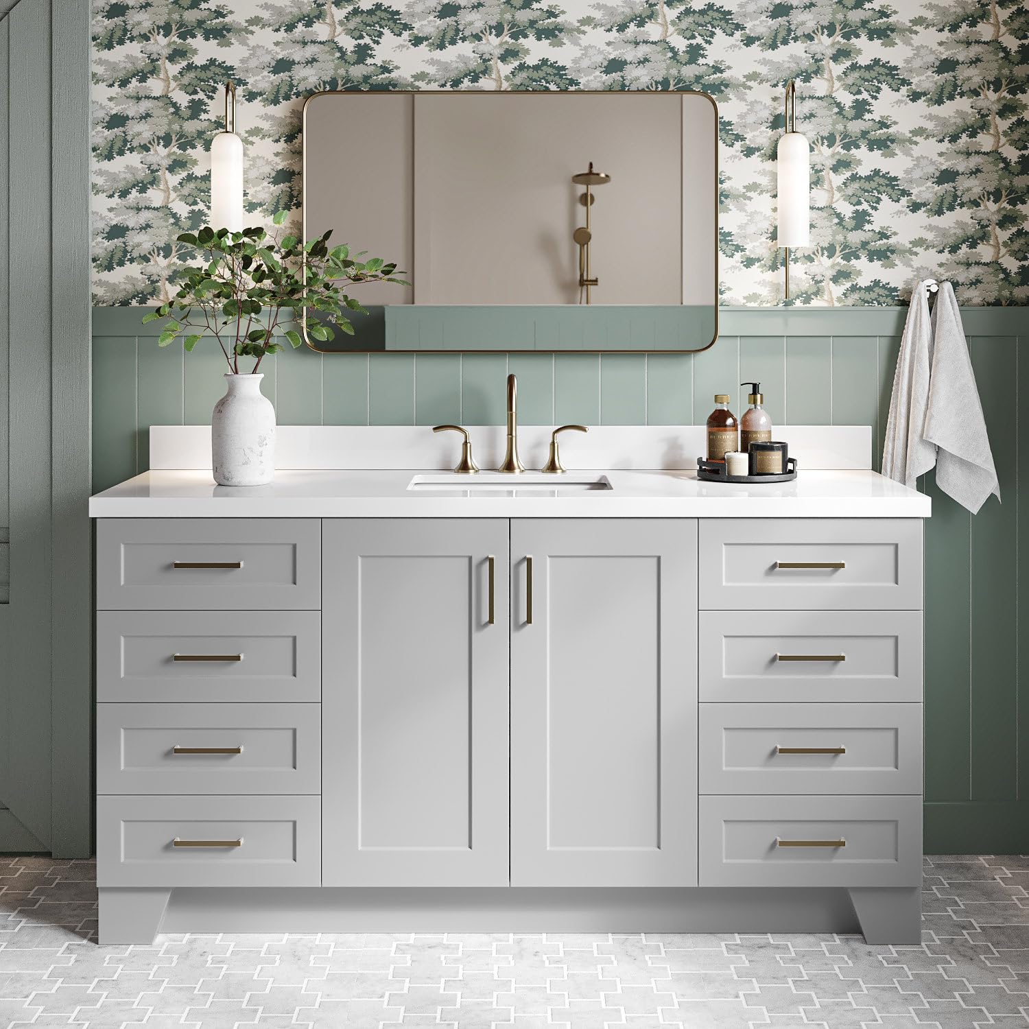 DKB Emilia 66-Inch Grey Bathroom Vanity with Sink, Pure White Quartz Countertop & Splash, Rectangular Undermount Sink, 2 Soft-Closing Doors, 9