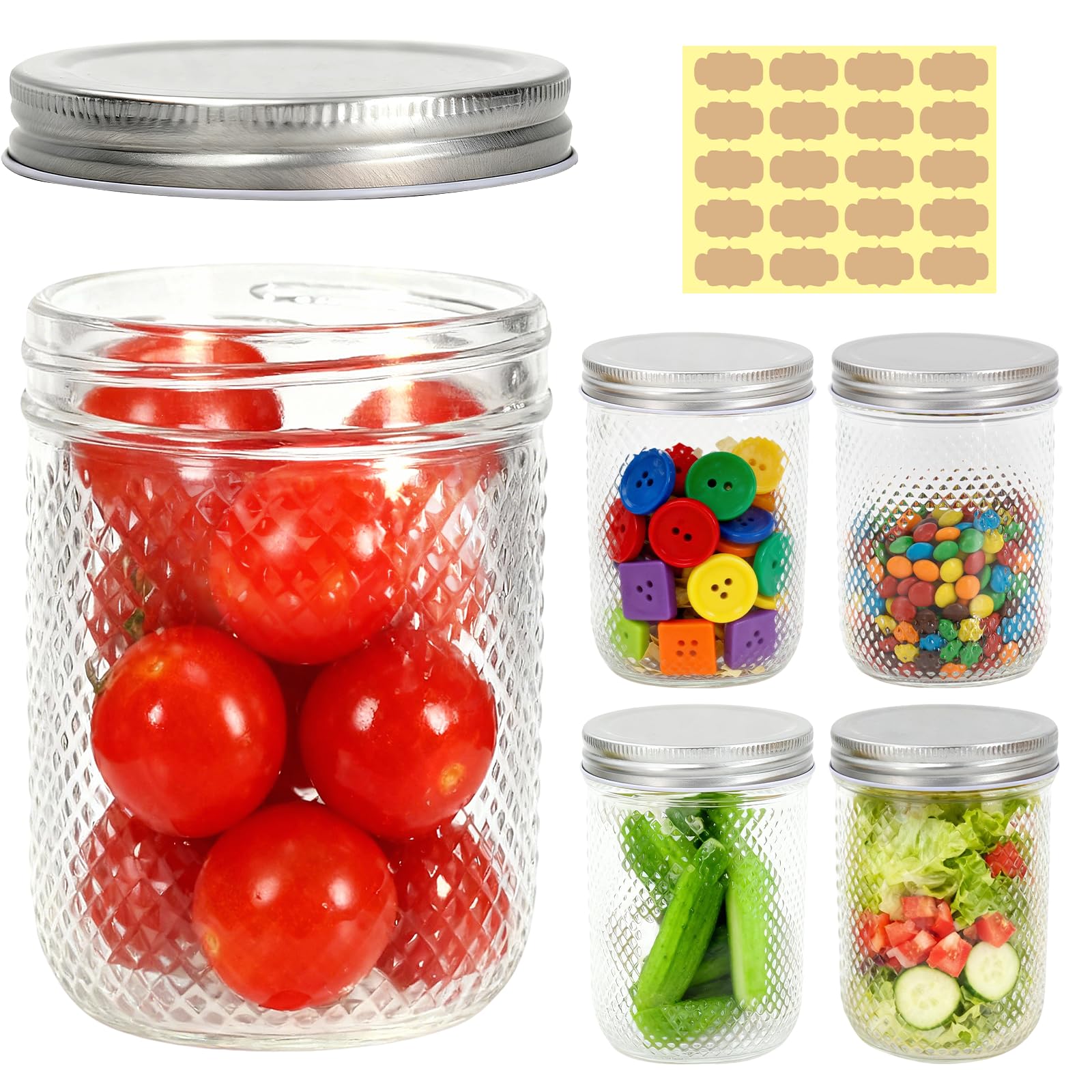 Acetiti 500ml/17 oz Glass Mason Jars with Silver Metal Lids, Set of 5 Vintage Wide Mouth Canning Jars with Labels for Overnight Oats, Food Storage, Jam, Honey, Pickling (500ml-Diamond)