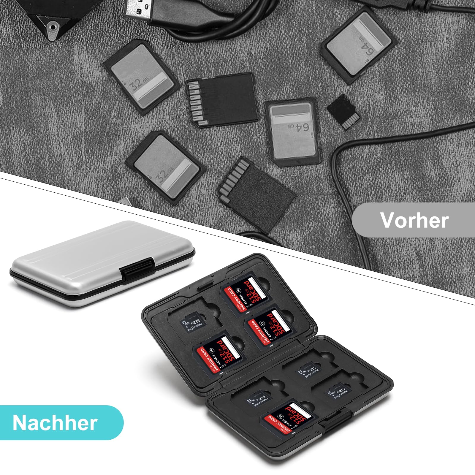 VOSSOT 8 Slot per Schede di Memoria Porta SD Card Custodia per Schede Sd/TF Portatile per Schede SD Custodia Protettiva In Alluminio Impermeabile E Resistente per 8 SD E 8 Schedes TF