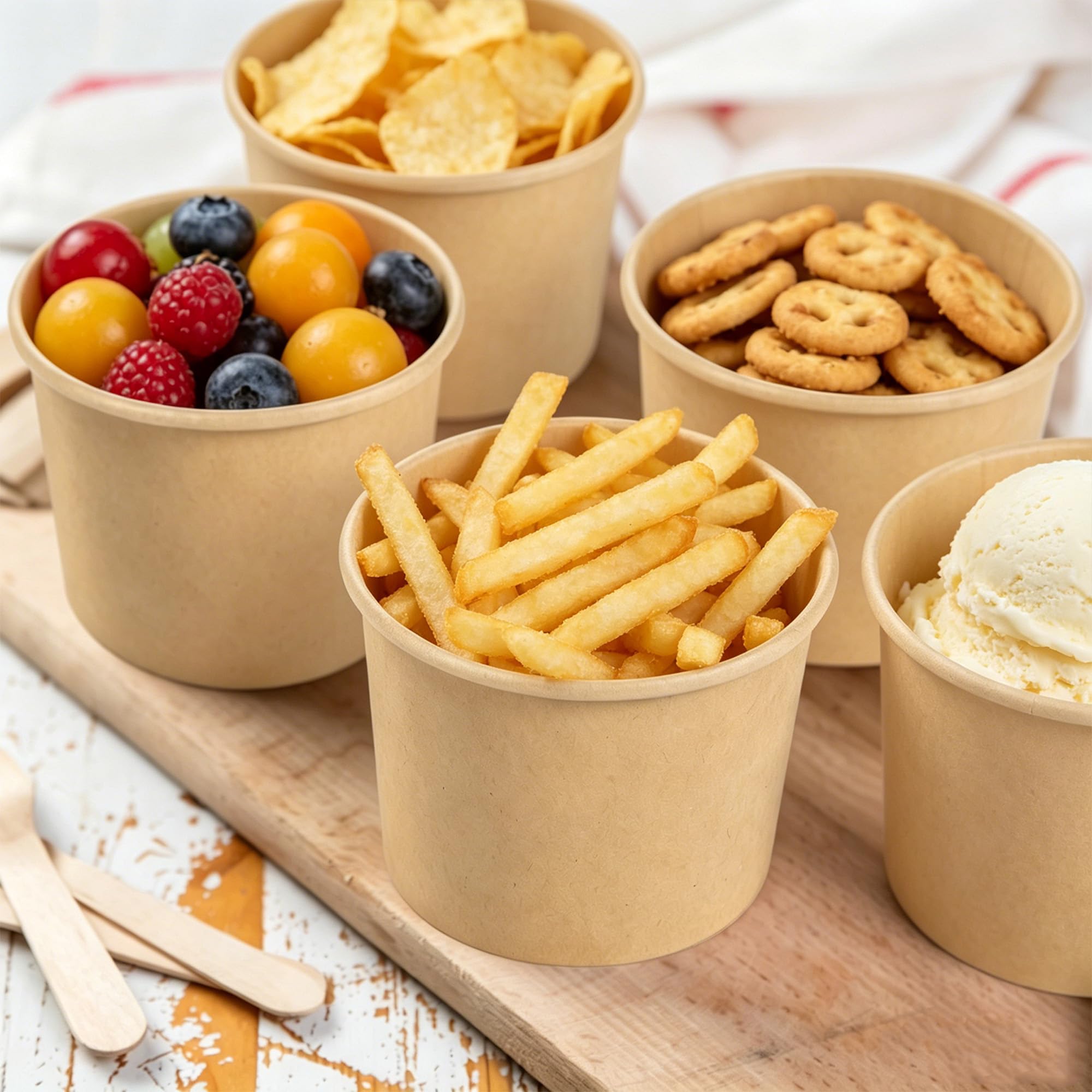 Ruisita Paquete de 300 tazas de helado de papel de 5 onzas, cuencos desechables para sopa, cuencos de postre marrones para alimentos calientes o fríos, suministros de fiesta, tazas de postre para
