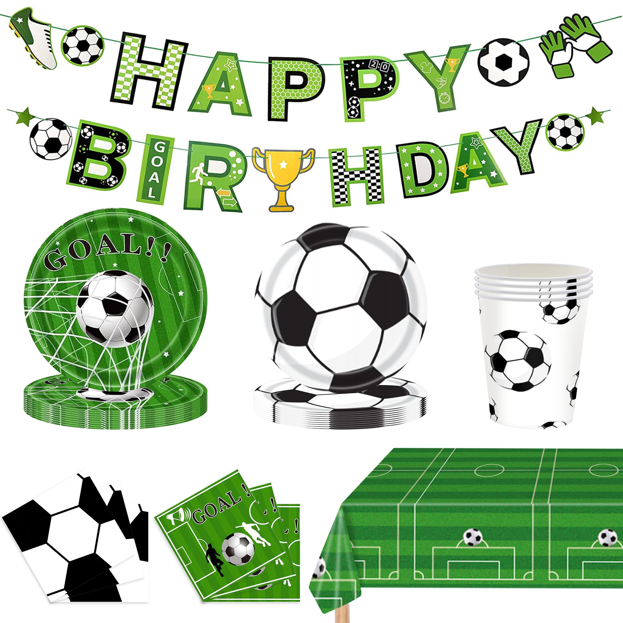 Soccer Party Decorations Soccer Party Supplies Tableware Set Includes Banner,Plates, Cups, Napkins, Tablecloth for Boys Sports Theme Birthday Decorations, 24 Guests