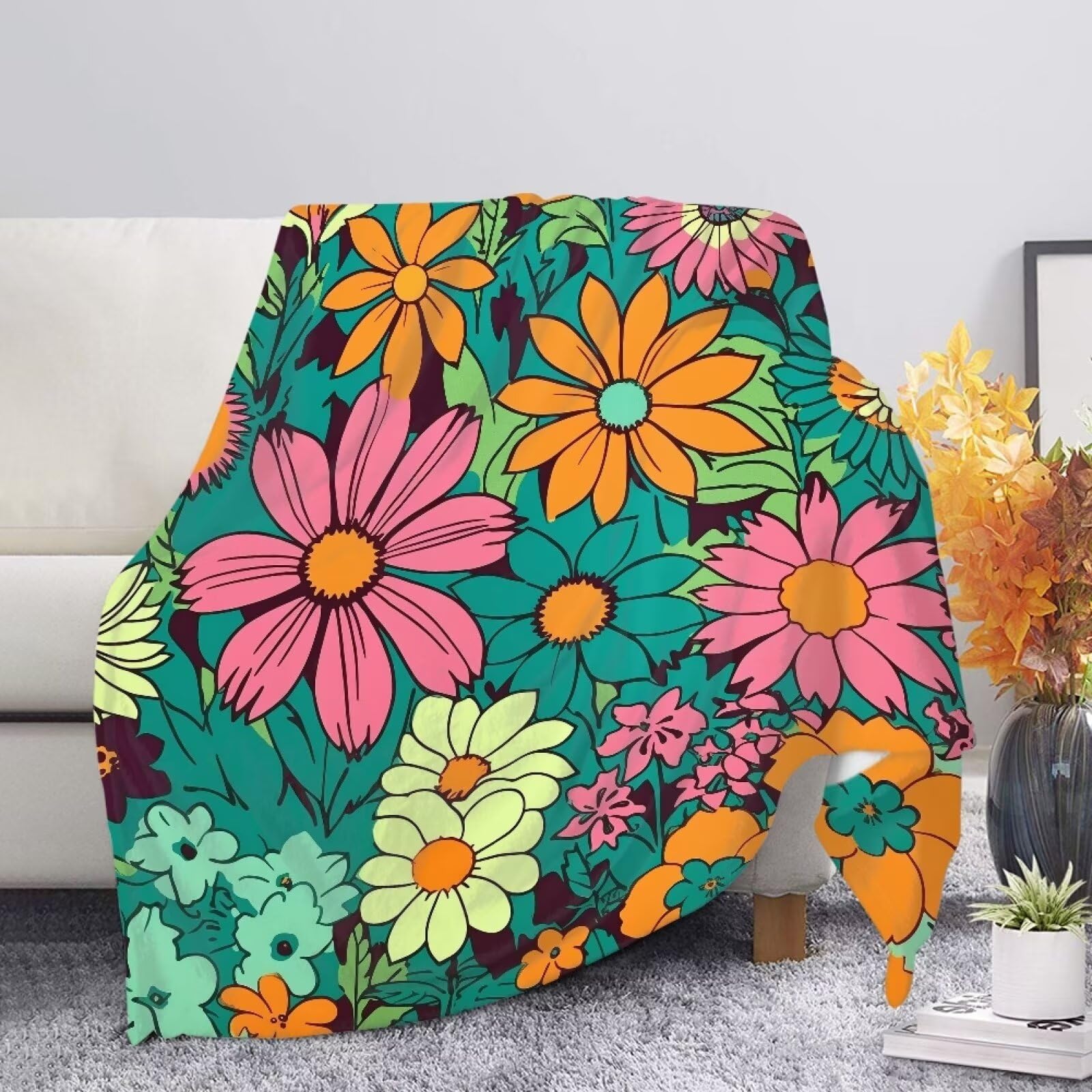 Allcute Print Throw Blanket for Couch Sofa Ditsy Floral Hippie Blanket for Women Soft Warm Lightweight Outdoor Travel Sofa Throws Green Fall Blanket Home Decor