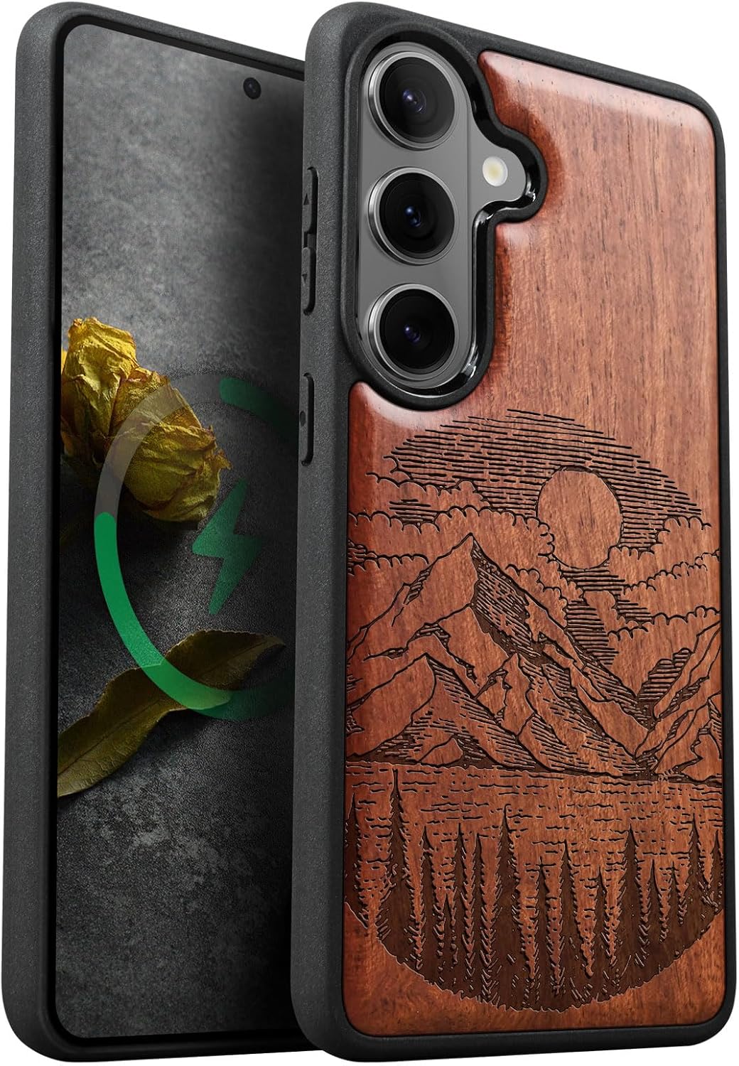 Carveit Magnetic Wooden Case for Samsung Galaxy S26 Case 2026, TPU Shockproof Cover & Wood Artisan Engraved, Compatible with MagSafe Wireless Chargers (Alpine Lakes) Rosy